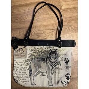 Down Home Leather Shoulder Bag Wolf Tapestry With Black Leather Made In Ohio